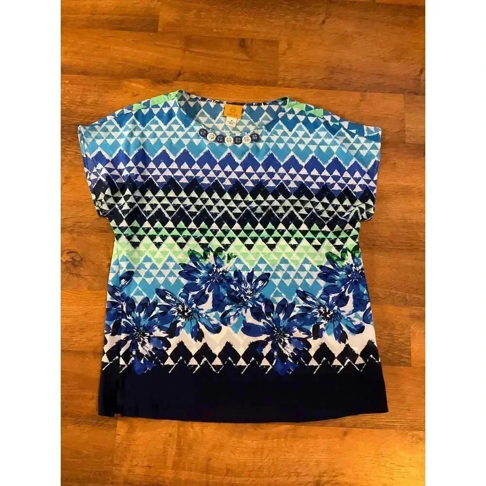 Ruby Rd‎ Sleeve Blue Beaded Neckline Crewneck Pullover Top Shirt Sz. 14
